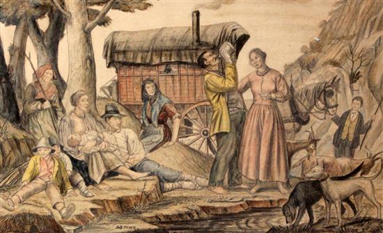 Job Nixon (1891-1938), Gypsies, pencil & watercolour